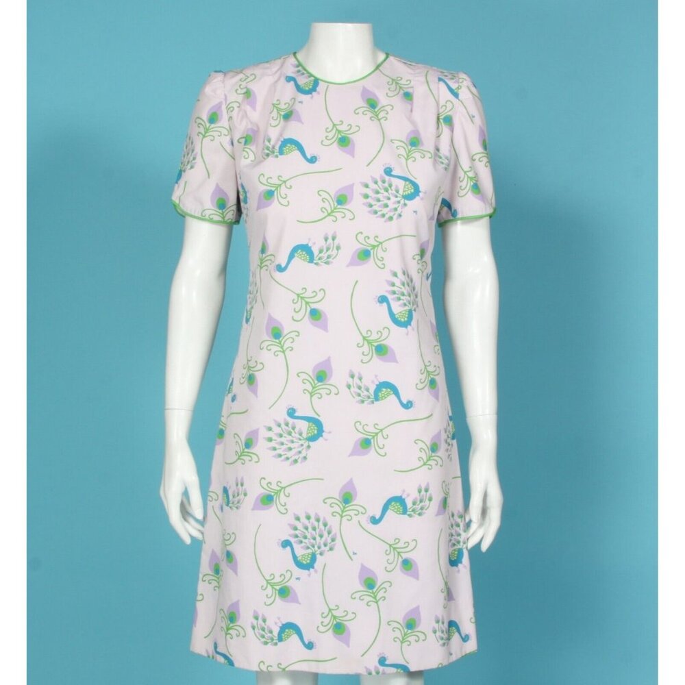 Vtg 60s THE VESTED GENTRESS Blue Green Peacock Print on Lavender Dress Sz 6 /703